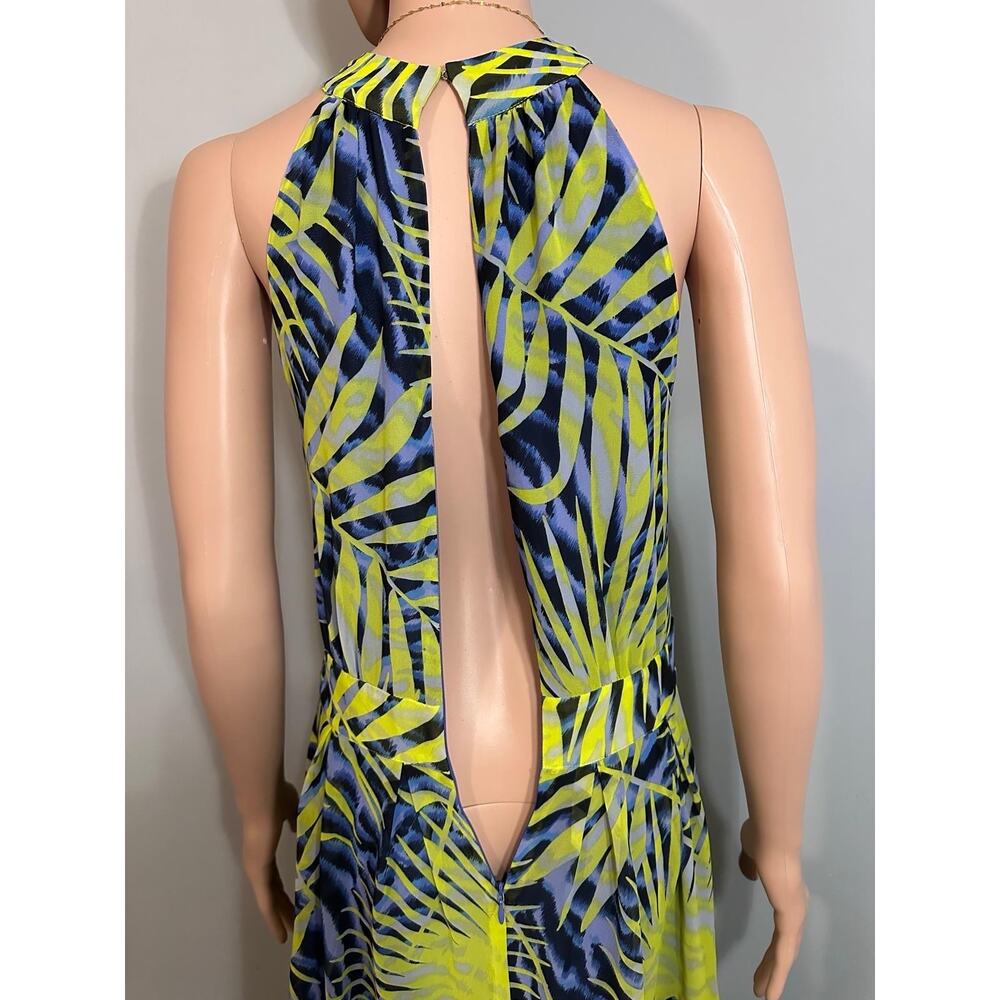 GUESS by Marciano Womens L Tropical Halter Maxi Dress Gold Belt Blue Yellow - Picture 11 of 13